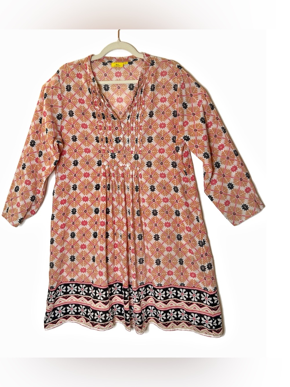 Roberta Roller Rabbit Pintuck Geometric Kurta Tunic Top Blouse Pink Orange SZ XL